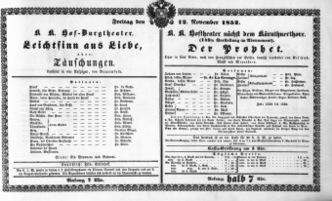Theaterzettel (Oper und Burgtheater in Wien) 18521112 Seite: 1