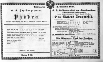 Theaterzettel (Oper und Burgtheater in Wien) 18521113 Seite: 1