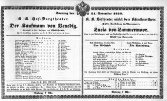 Theaterzettel (Oper und Burgtheater in Wien) 18521121 Seite: 1