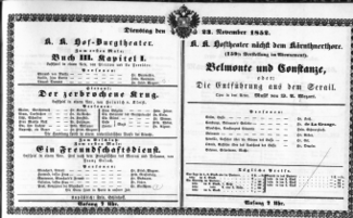 Theaterzettel (Oper und Burgtheater in Wien) 18521123 Seite: 1