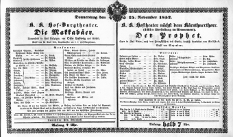 Theaterzettel (Oper und Burgtheater in Wien) 18521125 Seite: 1