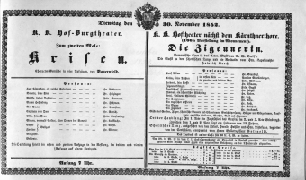 Theaterzettel (Oper und Burgtheater in Wien) 18521130 Seite: 1