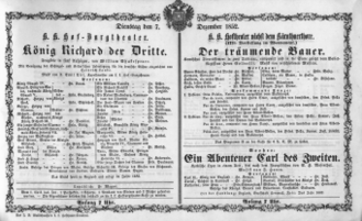 Theaterzettel (Oper und Burgtheater in Wien) 18521207 Seite: 1