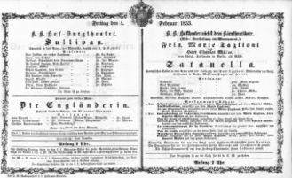 Theaterzettel (Oper und Burgtheater in Wien) 18530204 Seite: 1