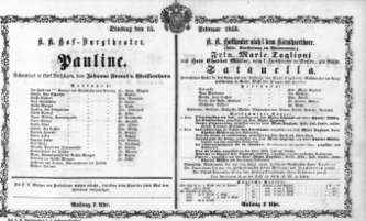 Theaterzettel (Oper und Burgtheater in Wien) 18530215 Seite: 1