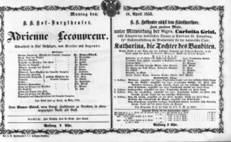 Theaterzettel (Oper und Burgtheater in Wien) 18530418 Seite: 1