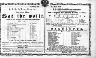 Theaterzettel (Oper und Burgtheater in Wien) 18530524 Seite: 1