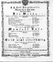 Theaterzettel (Oper und Burgtheater in Wien) 18530606 Seite: 1