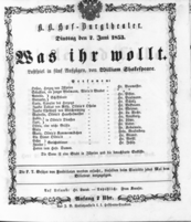 Theaterzettel (Oper und Burgtheater in Wien) 18530607 Seite: 1