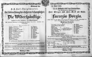 Theaterzettel (Oper und Burgtheater in Wien) 18530615 Seite: 1