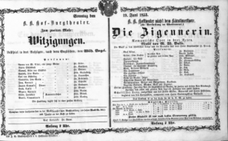 Theaterzettel (Oper und Burgtheater in Wien) 18530619 Seite: 1