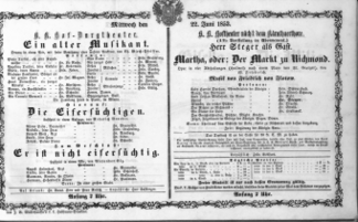 Theaterzettel (Oper und Burgtheater in Wien) 18530622 Seite: 1