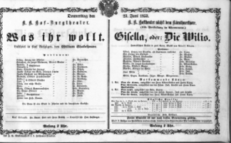 Theaterzettel (Oper und Burgtheater in Wien) 18530623 Seite: 1