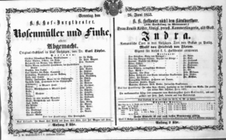 Theaterzettel (Oper und Burgtheater in Wien) 18530626 Seite: 1