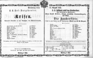 Theaterzettel (Oper und Burgtheater in Wien) 18530821 Seite: 1
