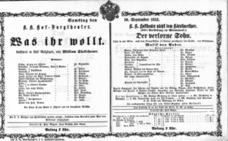 Theaterzettel (Oper und Burgtheater in Wien) 18530910 Seite: 1