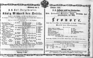 Theaterzettel (Oper und Burgtheater in Wien) 18531005 Seite: 1