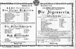 Theaterzettel (Oper und Burgtheater in Wien) 18531126 Seite: 1