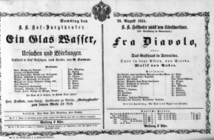 Theaterzettel (Oper und Burgtheater in Wien) 18540826 Seite: 1