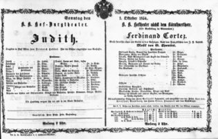 Theaterzettel (Oper und Burgtheater in Wien) 18541001 Seite: 1