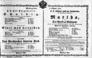 Theaterzettel (Oper und Burgtheater in Wien) 18541002 Seite: 1