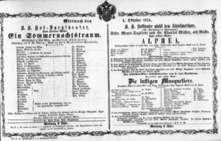 Theaterzettel (Oper und Burgtheater in Wien) 18541004 Seite: 1
