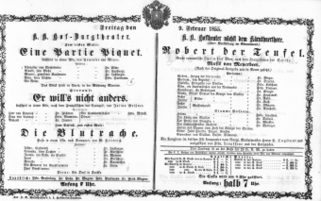 Theaterzettel (Oper und Burgtheater in Wien) 18550209 Seite: 1