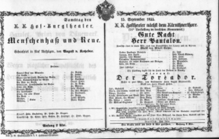 Theaterzettel (Oper und Burgtheater in Wien) 18550915 Seite: 1