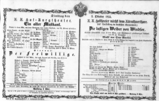 Theaterzettel (Oper und Burgtheater in Wien) 18551002 Seite: 1