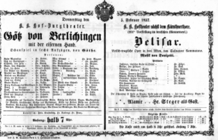 Theaterzettel (Oper und Burgtheater in Wien) 18570205 Seite: 1
