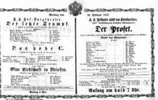 Theaterzettel (Oper und Burgtheater in Wien) 18570216 Seite: 1