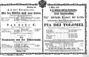 Theaterzettel (Oper und Burgtheater in Wien) 18570307 Seite: 1