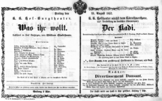 Theaterzettel (Oper und Burgtheater in Wien) 18570821 Seite: 1