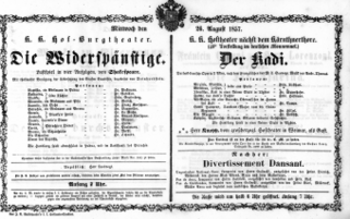 Theaterzettel (Oper und Burgtheater in Wien) 18570826 Seite: 1