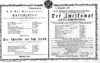 Theaterzettel (Oper und Burgtheater in Wien) 18570903 Seite: 1