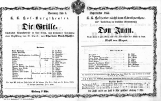 Theaterzettel (Oper und Burgtheater in Wien) 18570906 Seite: 1