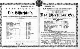 Theaterzettel (Oper und Burgtheater in Wien) 18570910 Seite: 1