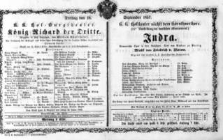 Theaterzettel (Oper und Burgtheater in Wien) 18570918 Seite: 1
