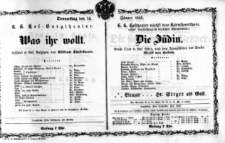 Theaterzettel (Oper und Burgtheater in Wien) 18580114 Seite: 1