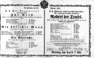 Theaterzettel (Oper und Burgtheater in Wien) 18580121 Seite: 1