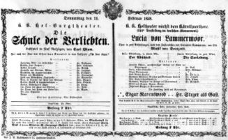 Theaterzettel (Oper und Burgtheater in Wien) 18580211 Seite: 1
