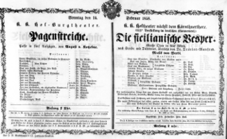 Theaterzettel (Oper und Burgtheater in Wien) 18580214 Seite: 1