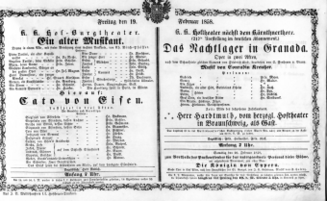 Theaterzettel (Oper und Burgtheater in Wien) 18580219 Seite: 1