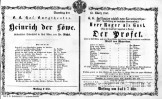 Theaterzettel (Oper und Burgtheater in Wien) 18580313 Seite: 1