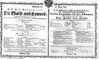 Theaterzettel (Oper und Burgtheater in Wien) 18580317 Seite: 1