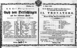Theaterzettel (Oper und Burgtheater in Wien) 18580406 Seite: 1