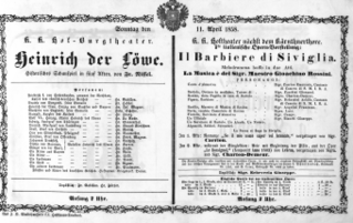 Theaterzettel (Oper und Burgtheater in Wien) 18580411 Seite: 1