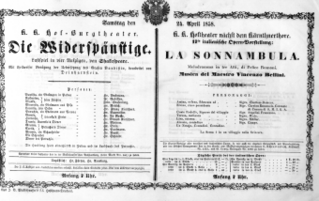 Theaterzettel (Oper und Burgtheater in Wien) 18580424 Seite: 1