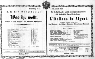 Theaterzettel (Oper und Burgtheater in Wien) 18580621 Seite: 1
