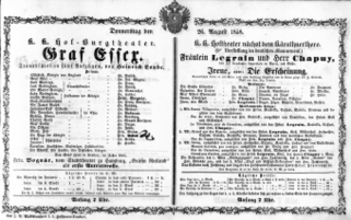 Theaterzettel (Oper und Burgtheater in Wien) 18580826 Seite: 1